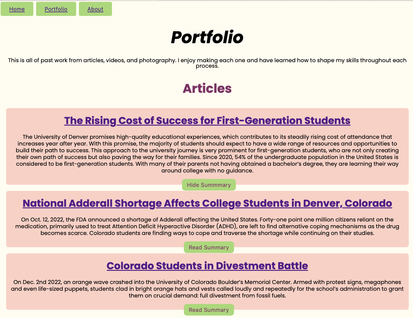 a screenshot of Cami's Corner Portfolio page
